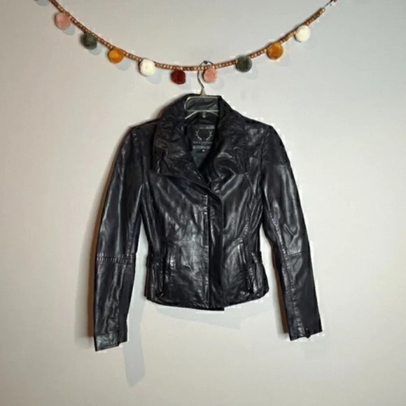 Bod & Christensen navy blue leather asymmetrical moto jacket - Picture 1 of 6